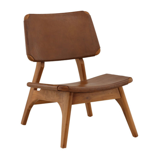 Brown and Natural Leather and Teak Wood Chair 25.5 in Wide