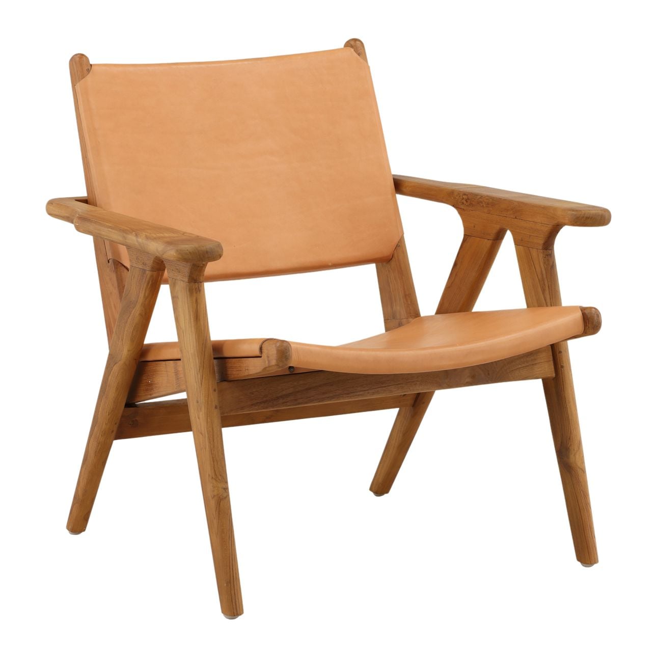 Brown and Natural Wood Leather and Teak Wood Chair 30 in Wide