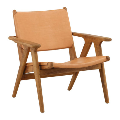 Brown and Natural Wood Leather and Teak Wood Chair 30 in Wide