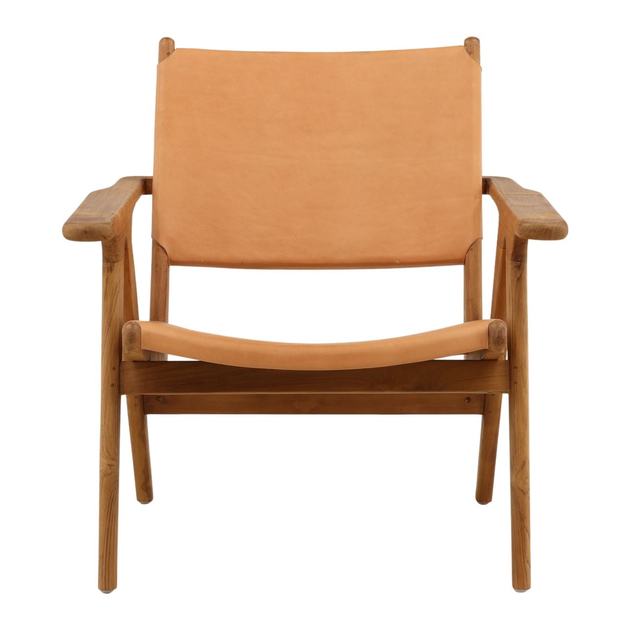 Brown and Natural Wood Leather and Teak Wood Chair 30 in Wide