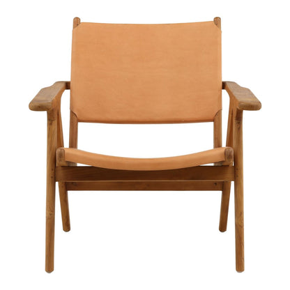 Brown and Natural Wood Leather and Teak Wood Chair 30 in Wide