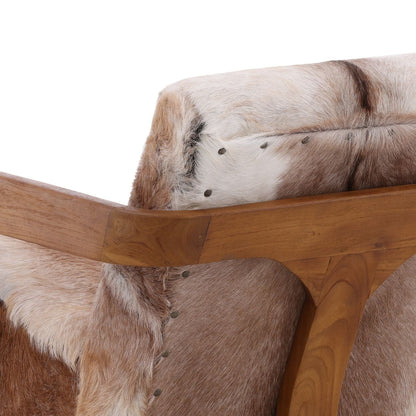 Brown and Natural Wood Goat Hide and Teak Wood Chair 26 in Wide