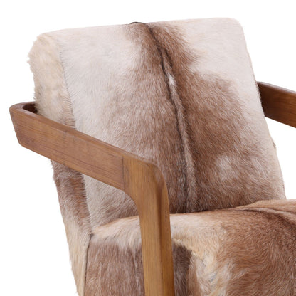 Brown and Natural Wood Goat Hide and Teak Wood Chair 26 in Wide
