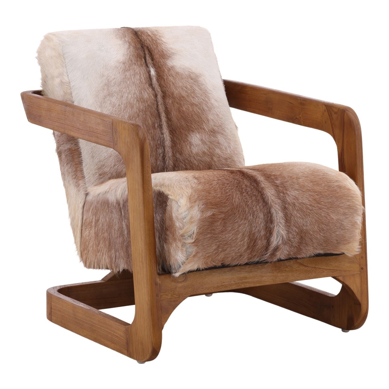 Brown and Natural Wood Goat Hide and Teak Wood Chair 26 in Wide