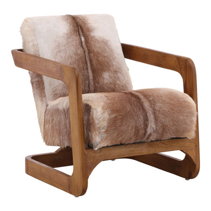Brown and Natural Wood Goat Hide and Teak Wood Chair 26 in Wide