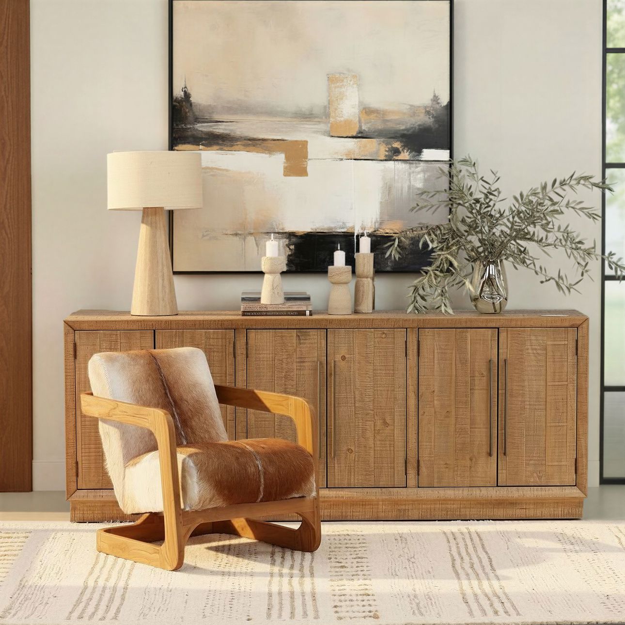 Brown and Natural Wood Goat Hide and Teak Wood Chair 26 in Wide