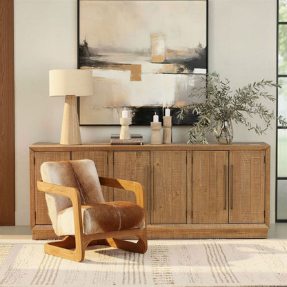 Brown and Natural Wood Goat Hide and Teak Wood Chair 26 in Wide