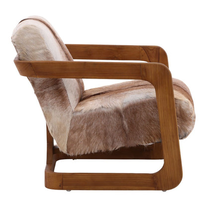 Brown and Natural Wood Goat Hide and Teak Wood Chair 26 in Wide