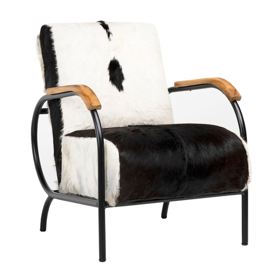 Natural Black and White Finish with Black Frame Genuine Goat Hide with Steel Frame and Teakwood Armrests Chair 23.5 in Wide