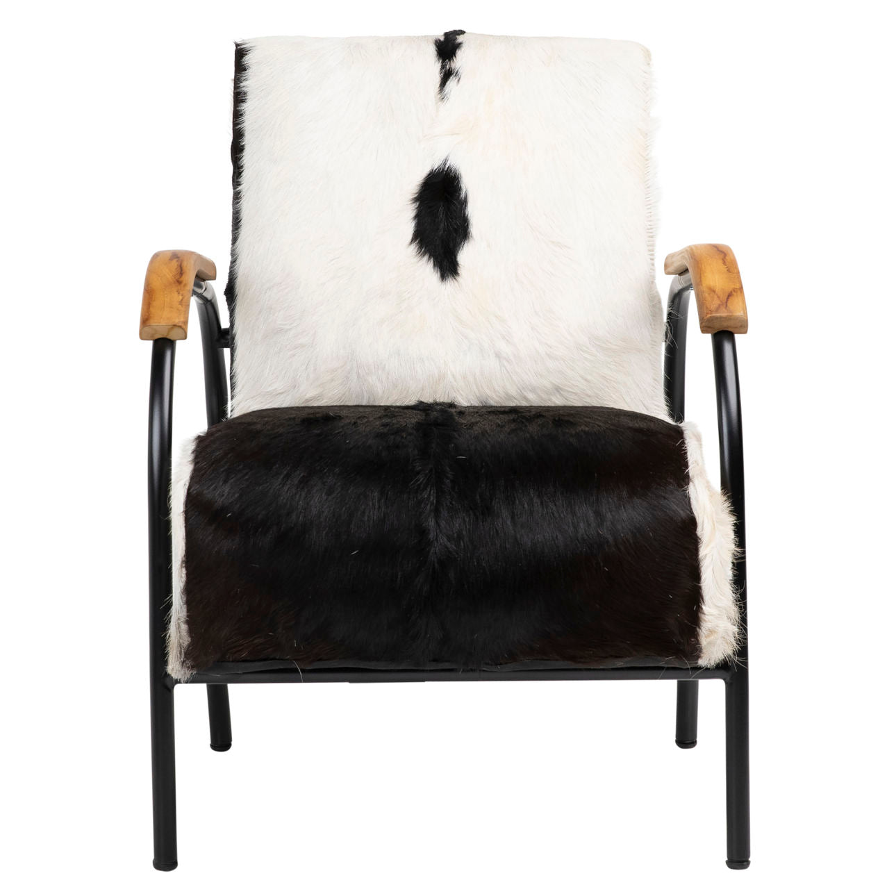 Natural Black and White Finish with Black Frame Genuine Goat Hide with Steel Frame and Teakwood Armrests Chair 23.5 in Wide