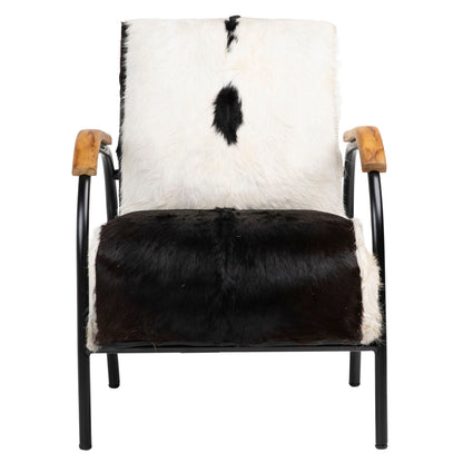 Natural Black and White Finish with Black Frame Genuine Goat Hide with Steel Frame and Teakwood Armrests Chair 23.5 in Wide