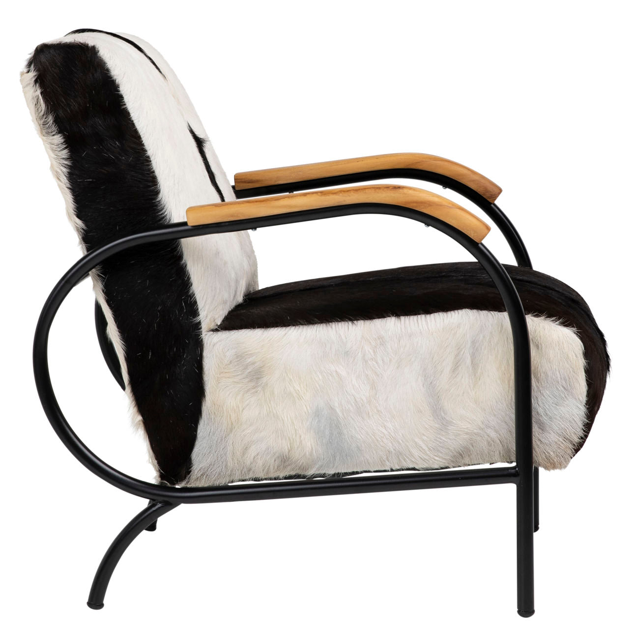 Natural Black and White Finish with Black Frame Genuine Goat Hide with Steel Frame and Teakwood Armrests Chair 23.5 in Wide