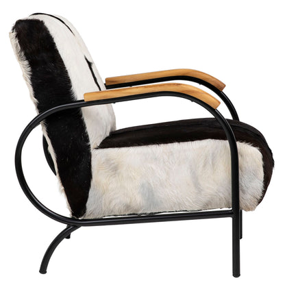 Natural Black and White Finish with Black Frame Genuine Goat Hide with Steel Frame and Teakwood Armrests Chair 23.5 in Wide