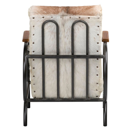 Natural Brown and White Finish with Black Frame Genuine Goat Hide with Steel Frame and Teak Wood Armrests Chair 23.5 in Wide