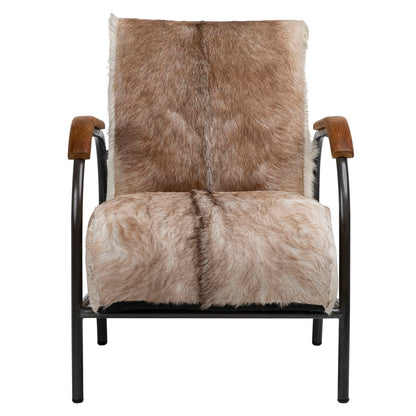 Natural Brown and White Finish with Black Frame Genuine Goat Hide with Steel Frame and Teak Wood Armrests Chair 23.5 in Wide