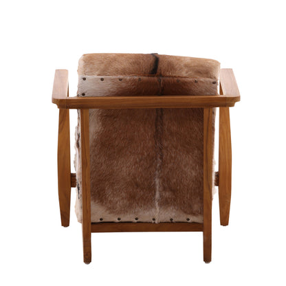 Natural Finish Teak Wood Frame and Brown and White Goat Hide Chair 26.5 in Wide