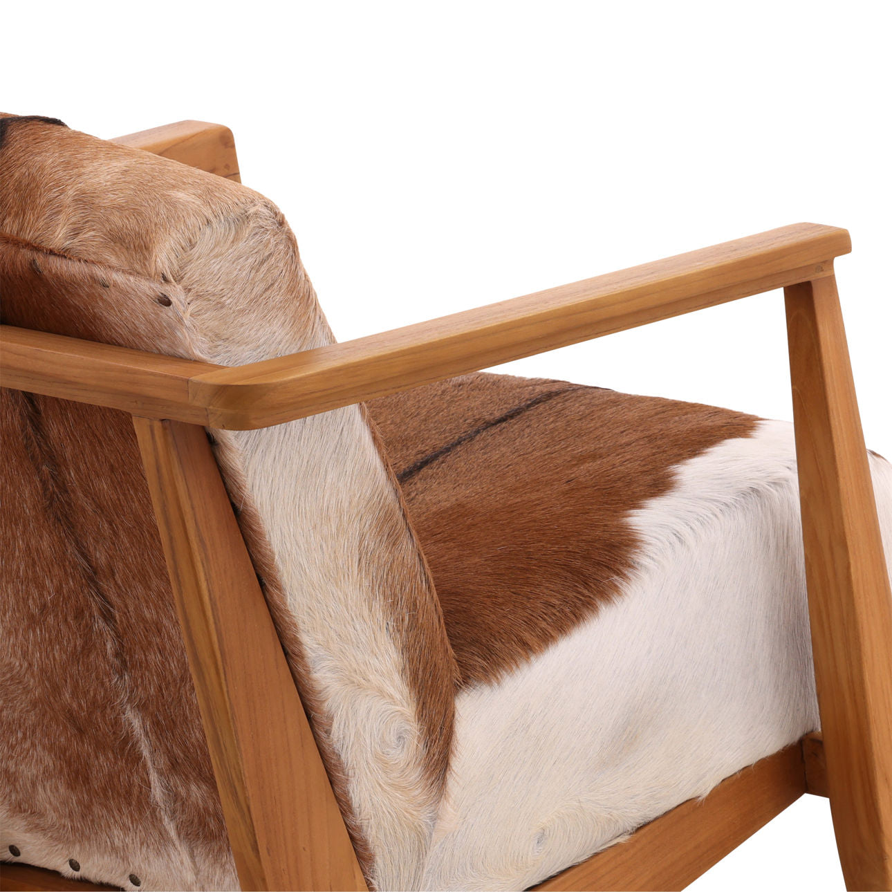 Natural Finish Teak Wood Frame and Brown and White Goat Hide Chair 26.5 in Wide