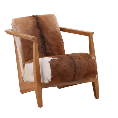 Natural Finish Teak Wood Frame and Brown and White Goat Hide Chair 26.5 in Wide