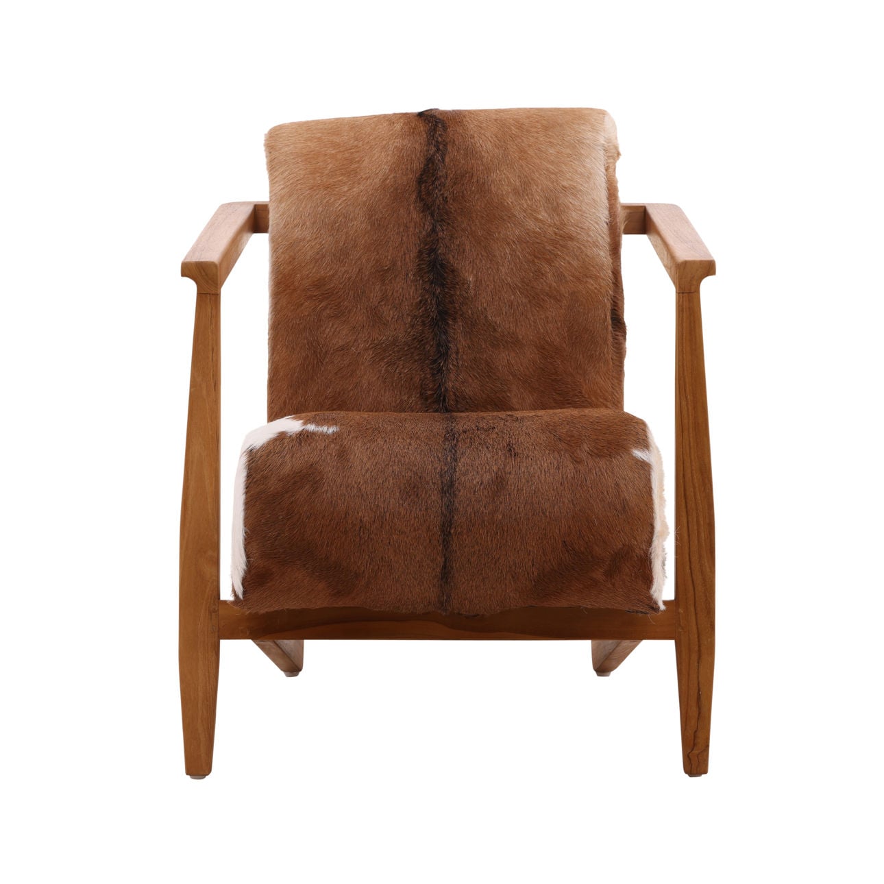 Natural Finish Teak Wood Frame and Brown and White Goat Hide Chair 26.5 in Wide