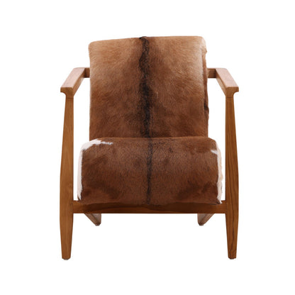 Natural Finish Teak Wood Frame and Brown and White Goat Hide Chair 26.5 in Wide