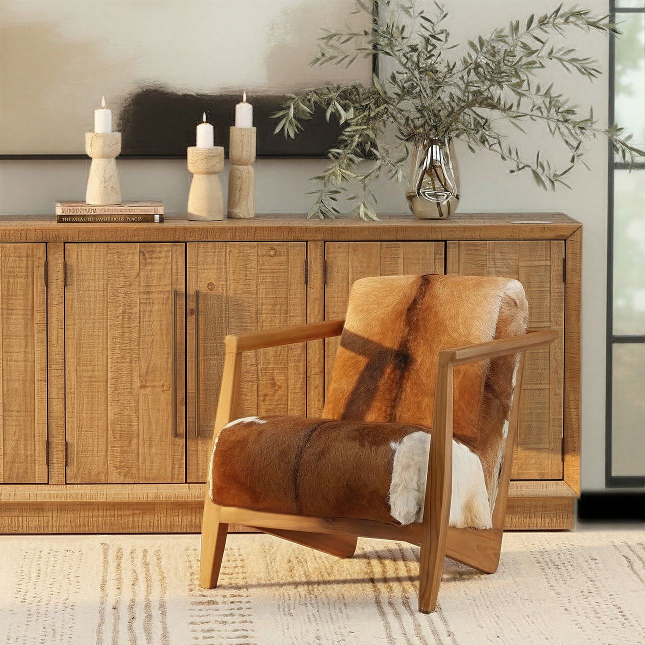 Natural Finish Teak Wood Frame and Brown and White Goat Hide Chair 26.5 in Wide