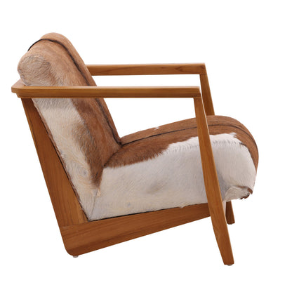 Natural Finish Teak Wood Frame and Brown and White Goat Hide Chair 26.5 in Wide