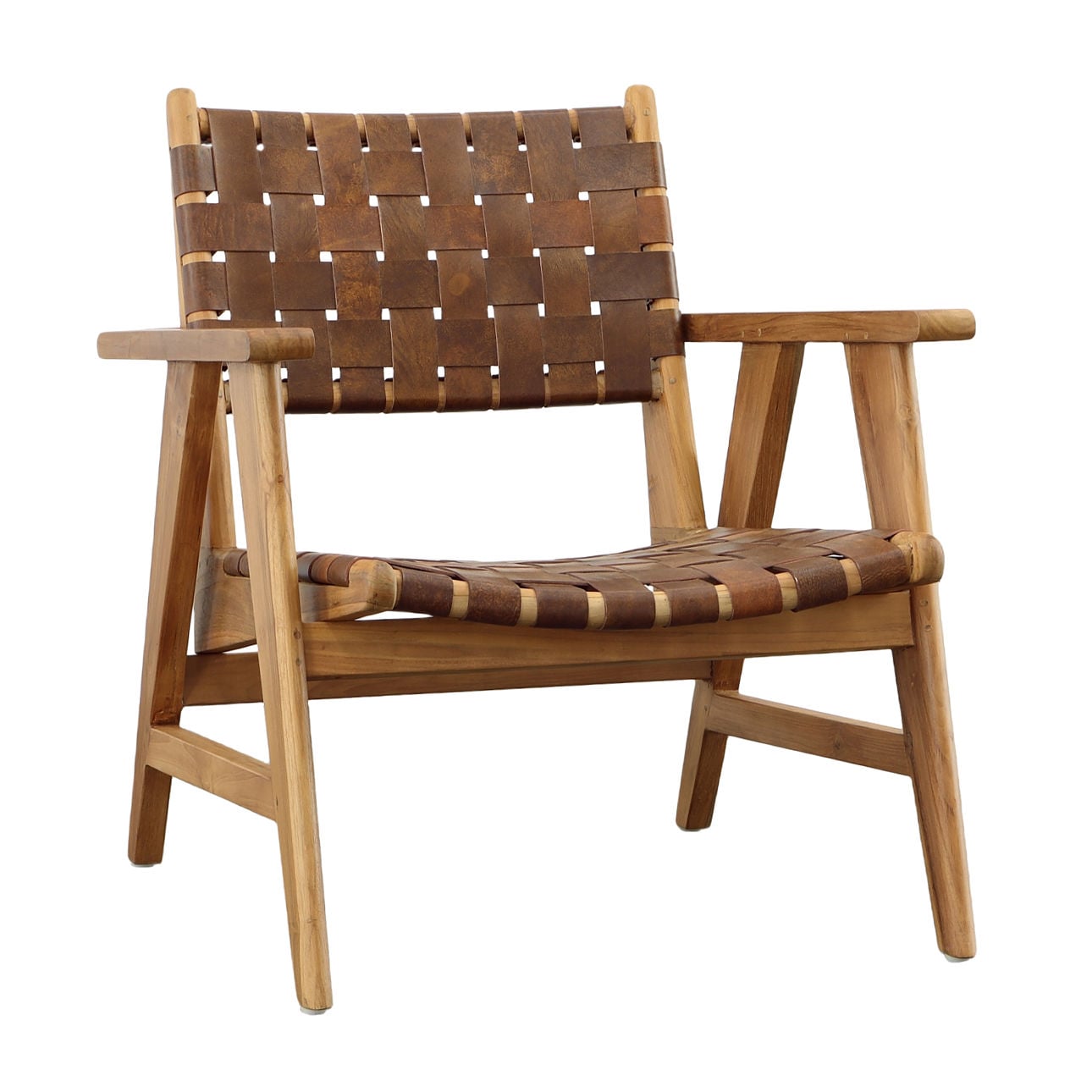 Natural Finish with Brown Leather Teak Wood and Full Grain Leather Chair 27.5 in Wide