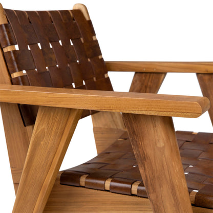 Natural Finish with Brown Leather Teak Wood and Full Grain Leather Chair 28 in Wide