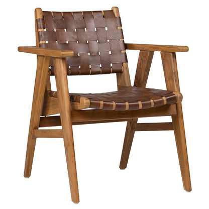 Natural Finish with Brown Leather Teak Wood and Full Grain Leather Chair 28 in Wide