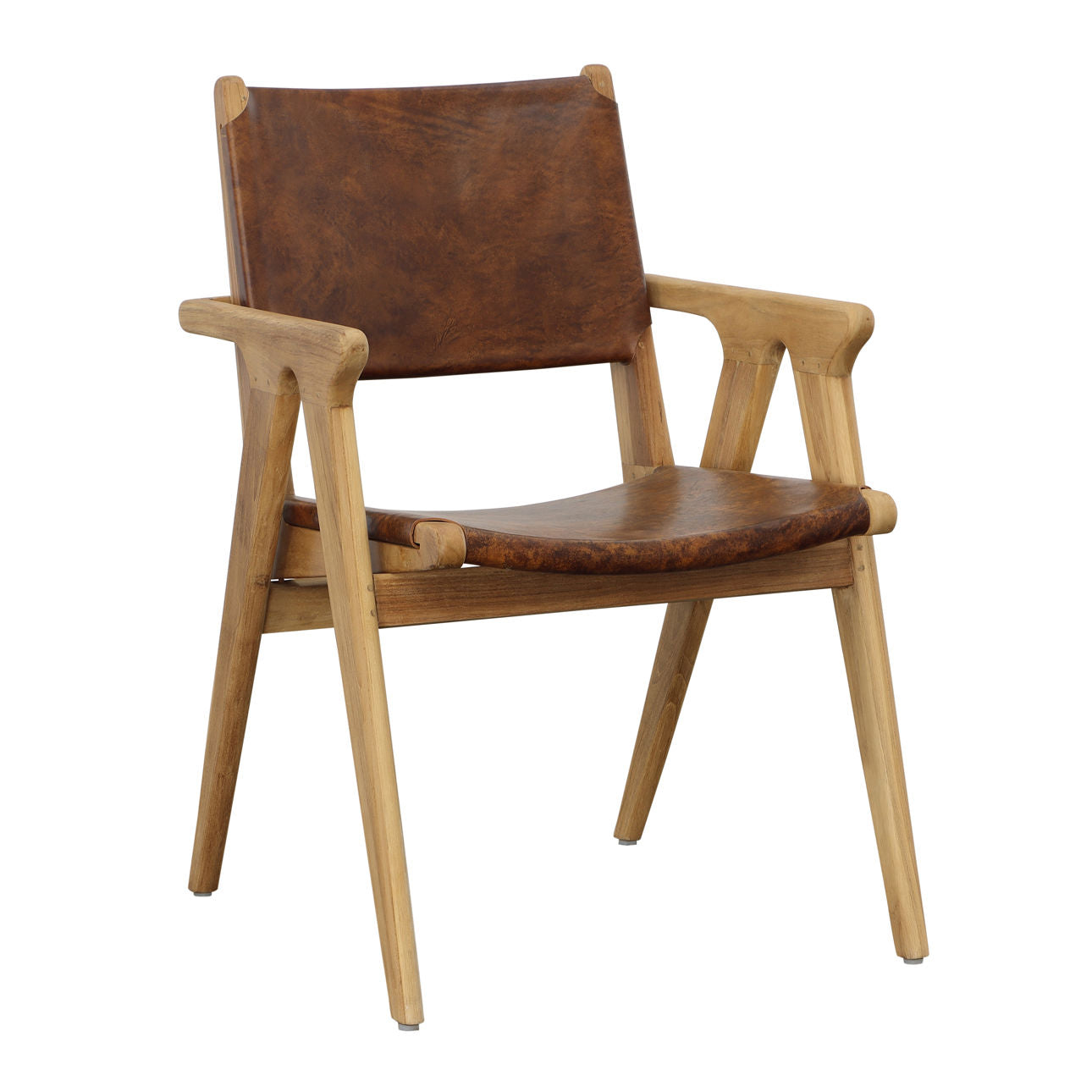 Natural and Antique Brown Leather Genuine Leather and Teak Wood Chair 23 in Wide