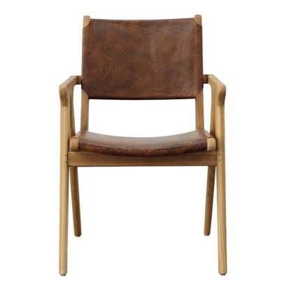 Natural and Antique Brown Leather Genuine Leather and Teak Wood Chair 23 in Wide