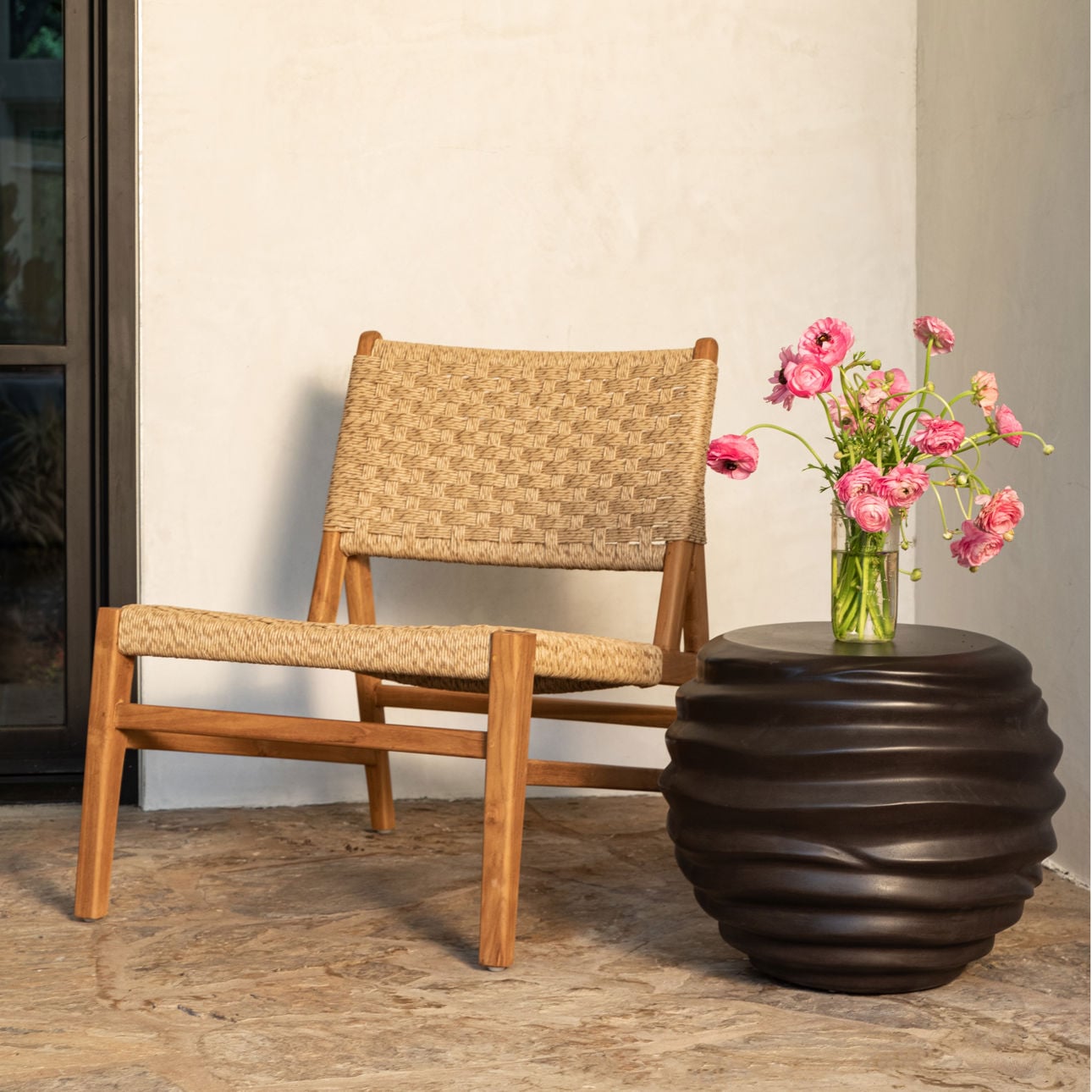 Natural Teak Wood and Synthetic Rattan Chair 25.5 in Wide