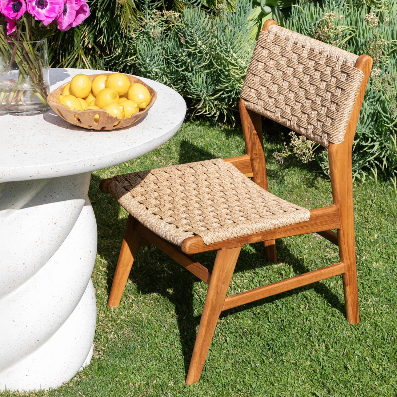 Natural Teak Wood and Synthetic Rattan Chair 20.5 in Wide
