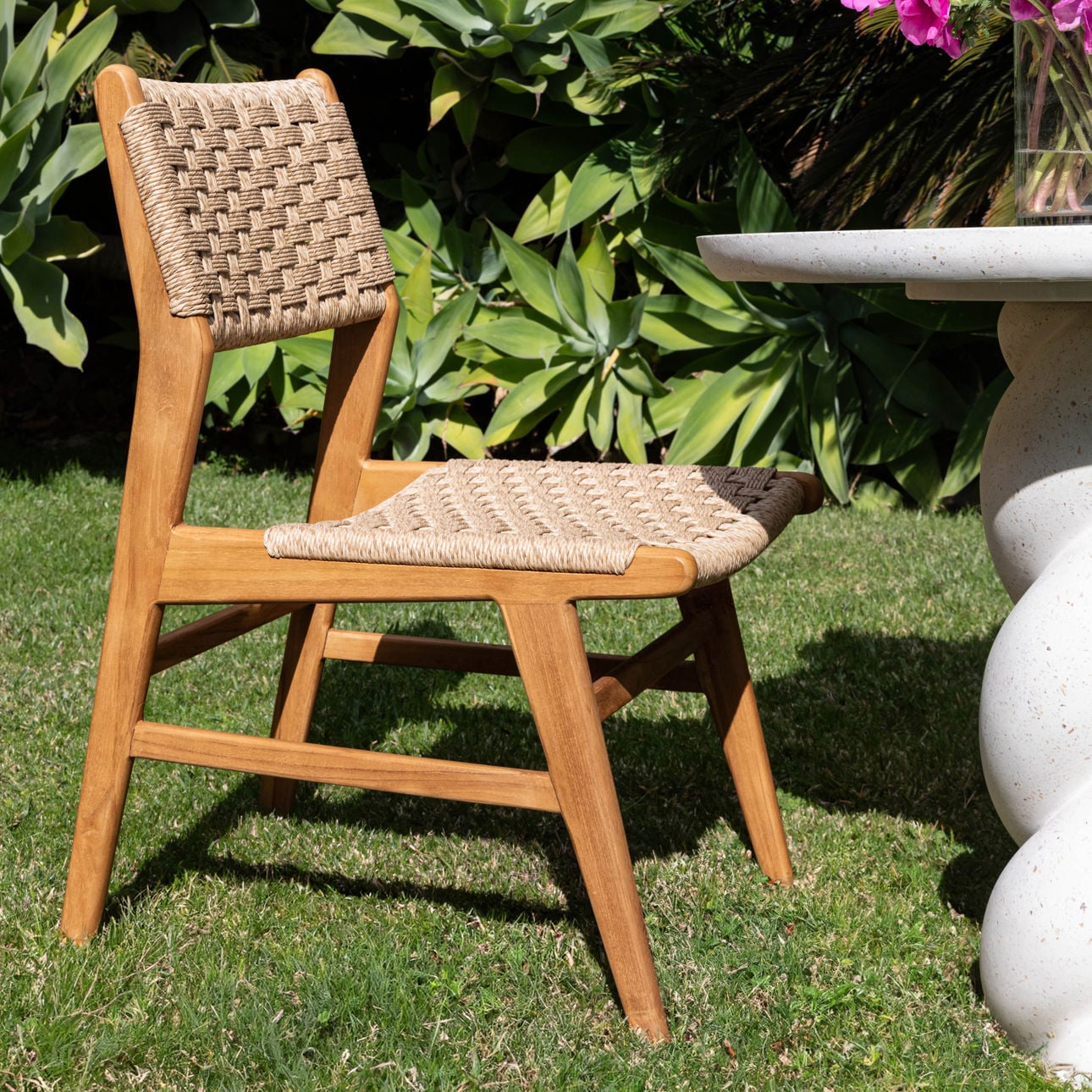Natural Teak Wood and Synthetic Rattan Chair 20.5 in Wide