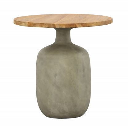 Natural Wood and Grey Concrete Finish Lightweight Concrete and Teak Wood Top Table 19.5 in Wide