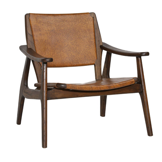 Medium Brown and Antique Brown Leather Genuine Leather and Teak Wood Chair 30 in Wide