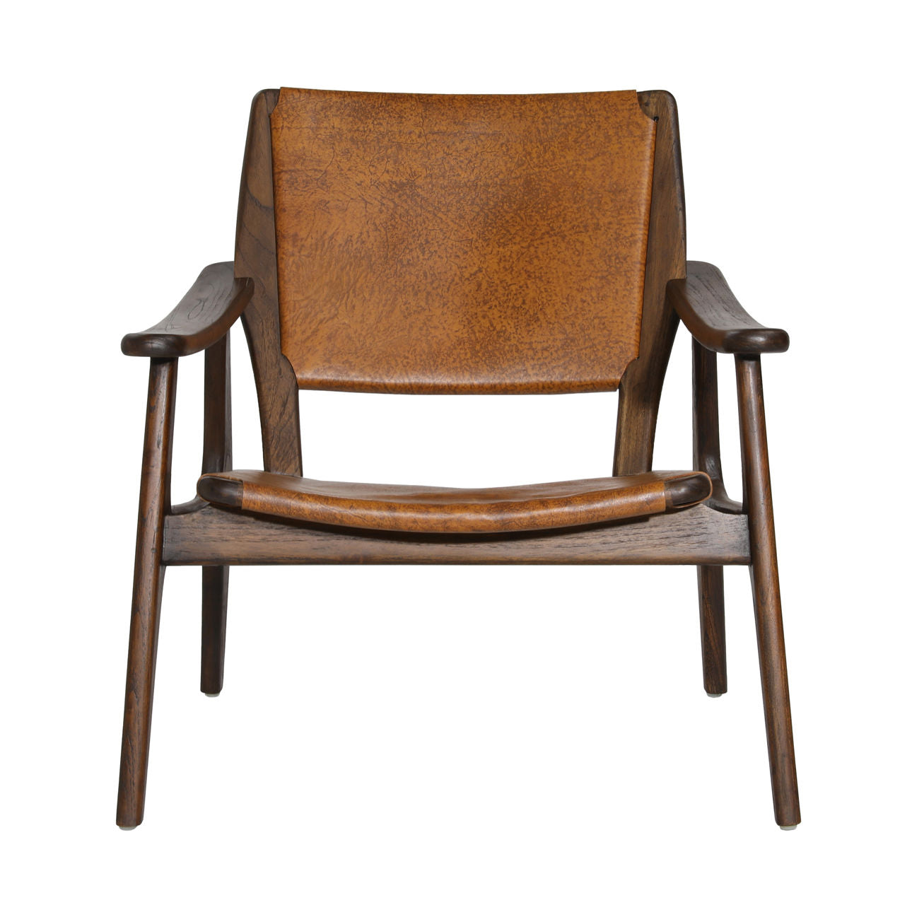 Medium Brown and Antique Brown Leather Genuine Leather and Teak Wood Chair 30 in Wide