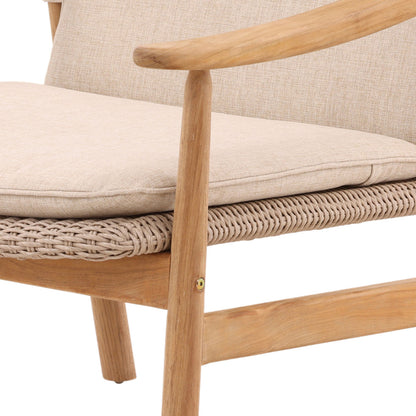 Beige and Natural Outdoor Performance Linen, Twisted Synthetic Wicker, Aluminum and Teak Wood Chair 28 in Wide