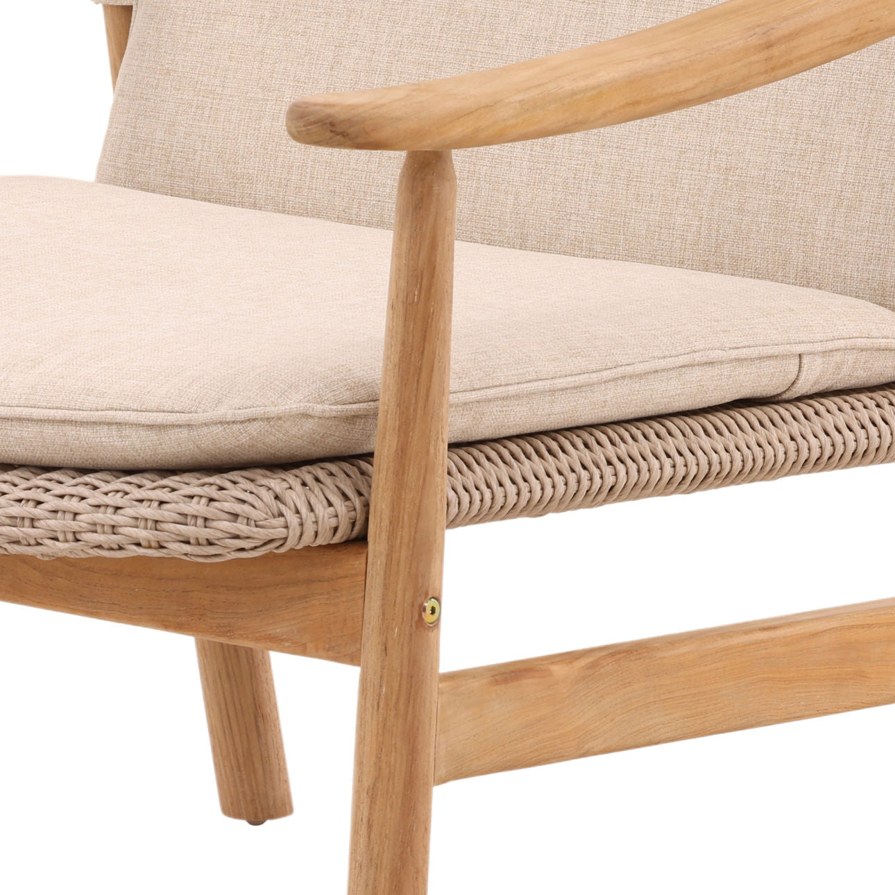 Beige and Natural Outdoor Performance Linen, Twisted Synthetic Wicker, Aluminum and Teak Wood Chair 28 in Wide