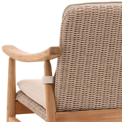 Beige and Natural Outdoor Performance Linen, Twisted Synthetic Wicker, Aluminum and Teak Wood Chair 28 in Wide