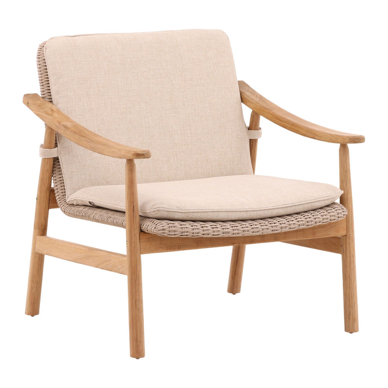 Beige and Natural Outdoor Performance Linen, Twisted Synthetic Wicker, Aluminum and Teak Wood Chair 28 in Wide