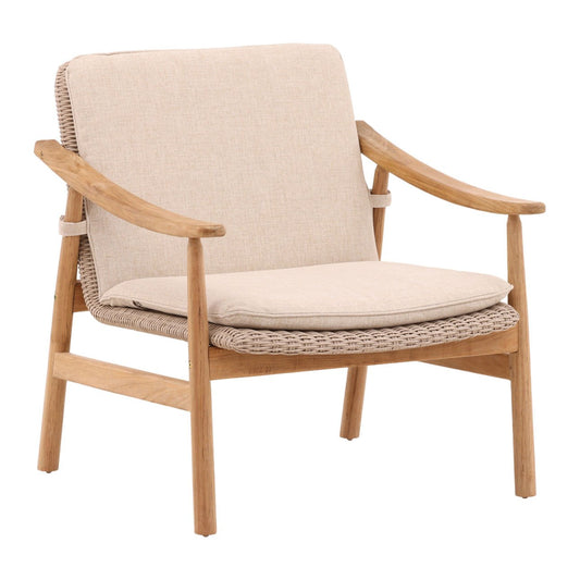 Beige and Natural Outdoor Performance Linen, Twisted Synthetic Wicker, Aluminum and Teak Wood Chair 28 in Wide