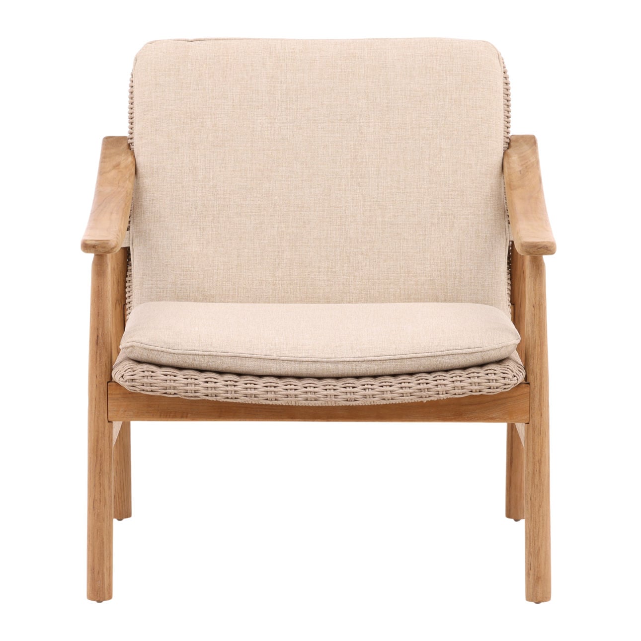 Beige and Natural Outdoor Performance Linen, Twisted Synthetic Wicker, Aluminum and Teak Wood Chair 28 in Wide