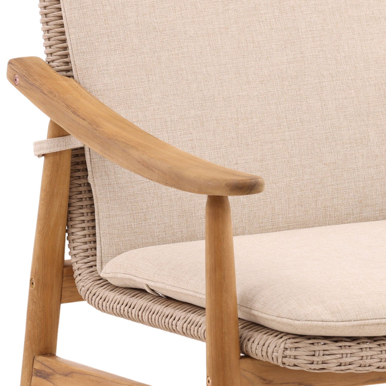 Beige and Natural Outdoor Performance Linen, Twisted Synthetic Wicker and Teak Wood Chair 23 in Wide