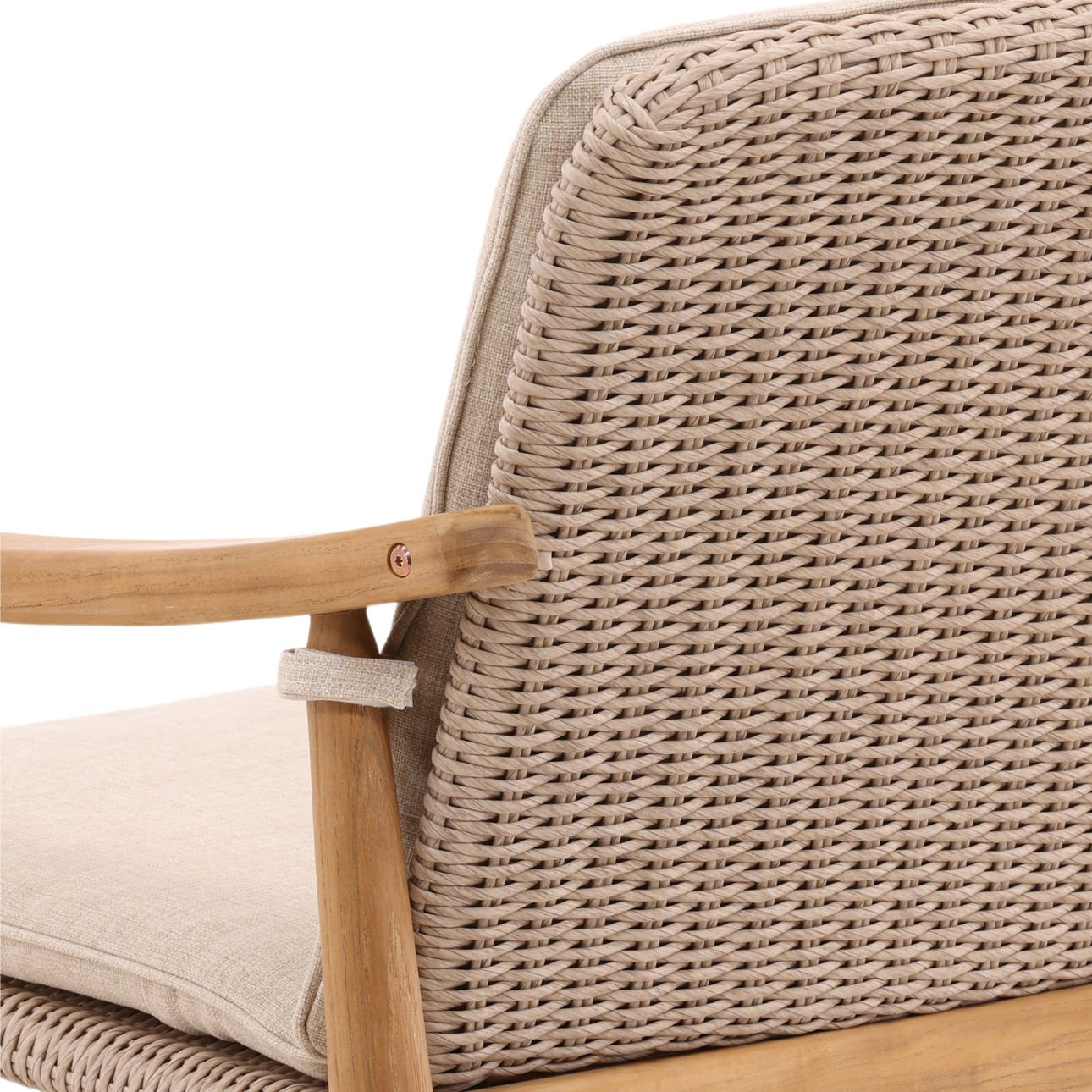 Beige and Natural Outdoor Performance Linen, Twisted Synthetic Wicker and Teak Wood Chair 23 in Wide