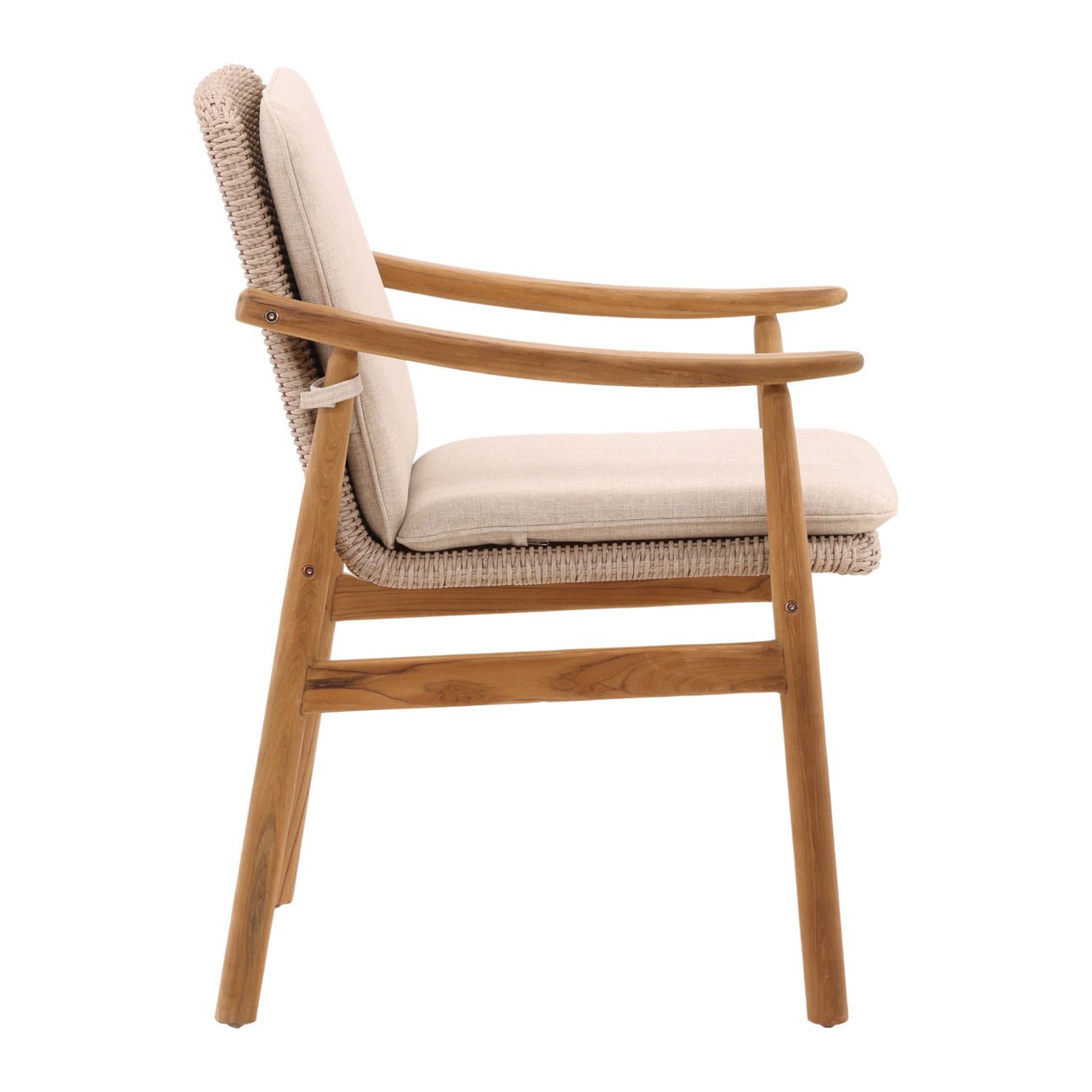 Beige and Natural Outdoor Performance Linen, Twisted Synthetic Wicker and Teak Wood Chair 23 in Wide