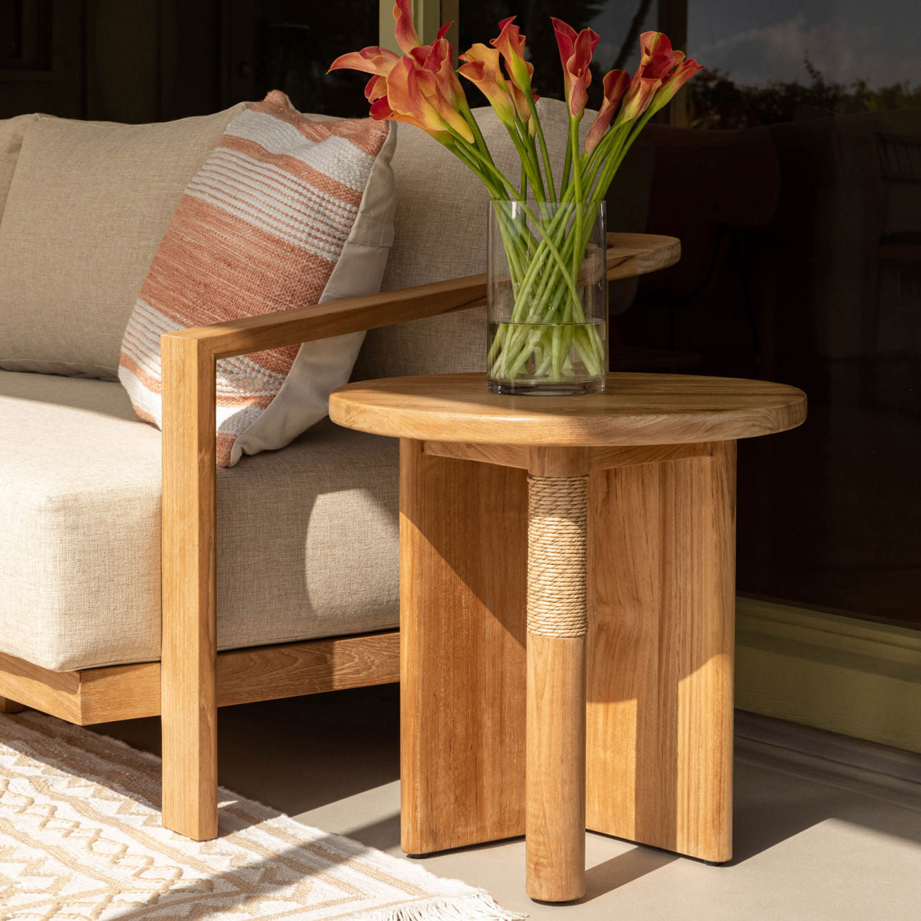Natural Teak Wood and Twisted Synthetic Wicker Table 20 in Wide