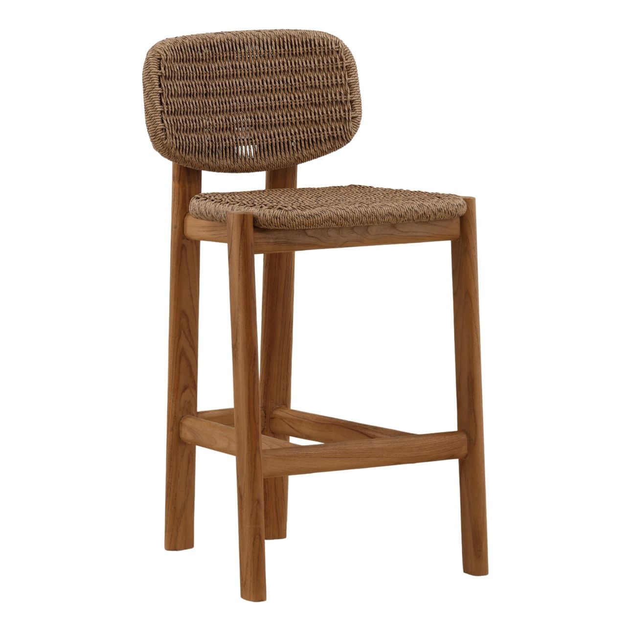 Light Brown and Natural Twisted Synthetic Wicker, Aluminum and Teak Wood Stool 18.5 in Wide