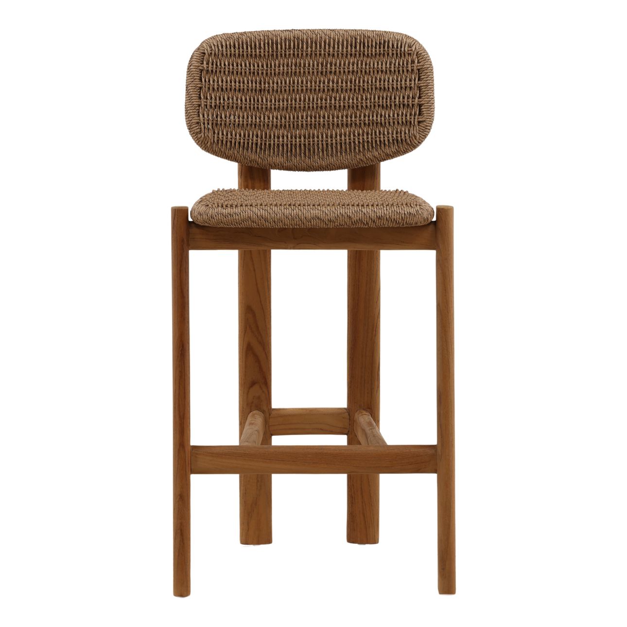 Light Brown and Natural Twisted Synthetic Wicker, Aluminum and Teak Wood Stool 18.5 in Wide