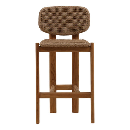 Light Brown and Natural Twisted Synthetic Wicker, Aluminum and Teak Wood Stool 18.5 in Wide
